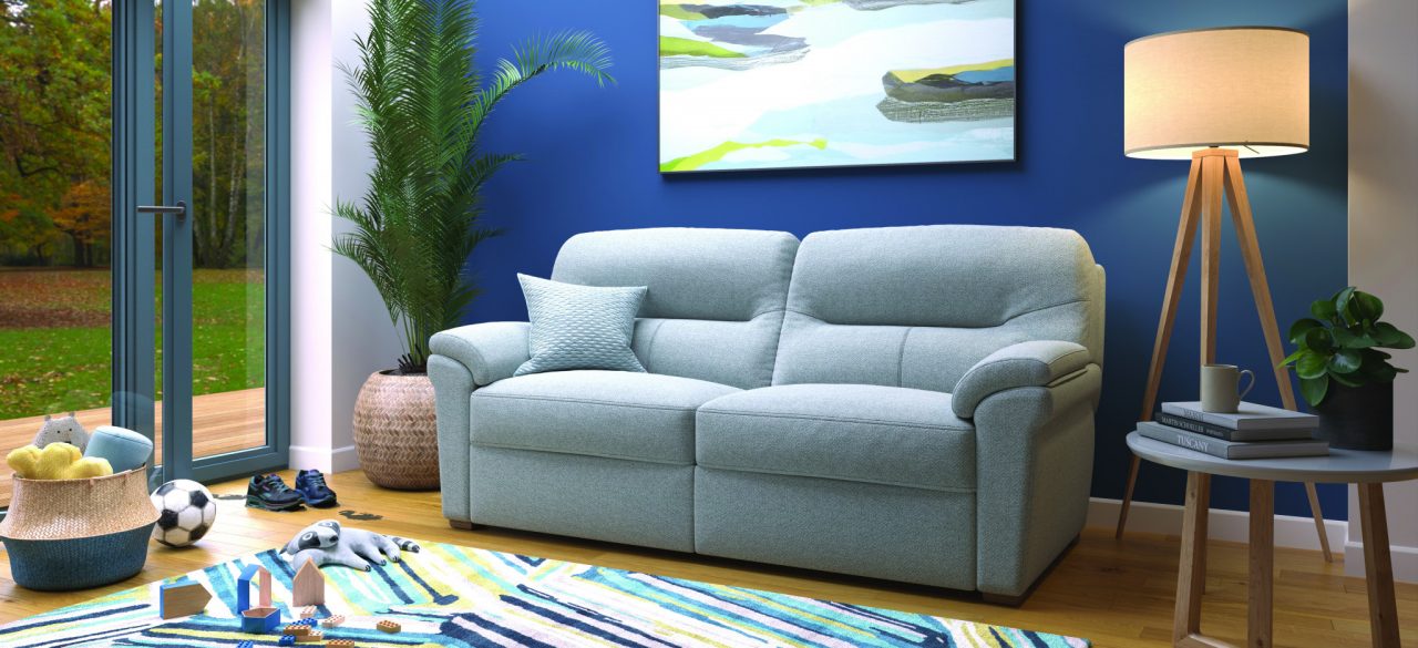 Seattle sofa shown in Aqua clean fabric